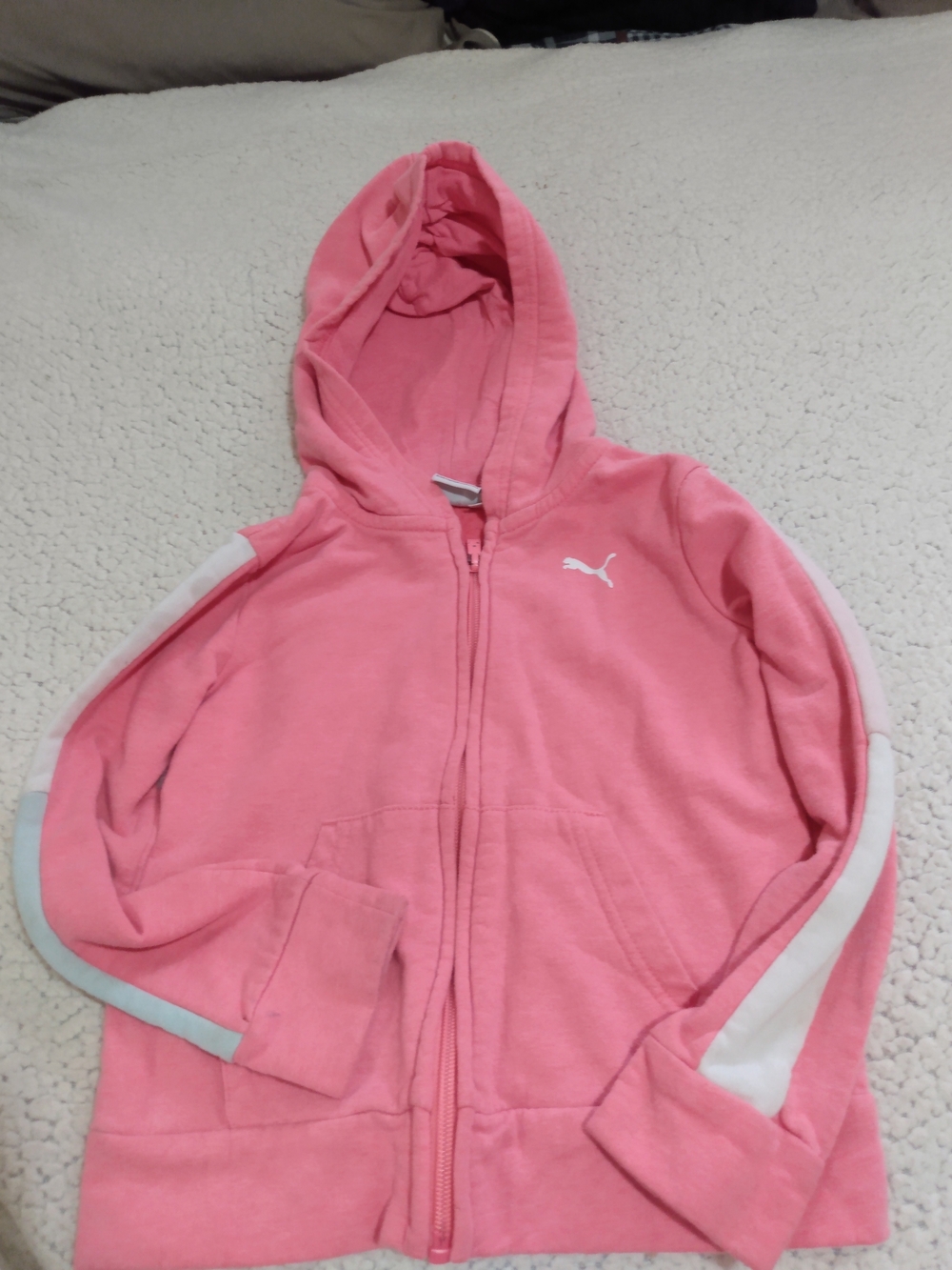 Puma Girls Pink Hooded Zip Sweatshirt with White Sleeve Stripes